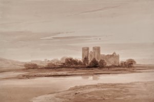 Landschap met kerk en rivier of meer door Edward Pretty