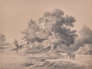 Landschap met paarden bij een rivier
