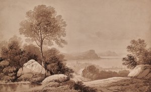 Landschap met meer en huisje