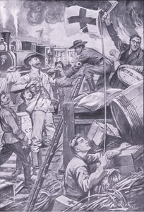Valse ambulancemedewerkers vernietigen voorraden bij Komati Foort onder dekking van de Rode Kruisvlag, illustratie uit Na Pretoria: De Guerrillaoorlog, 1902 door Edward Read