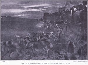 De Coldstreams verdedigen een ontspoorde trein, illustratie uit Na Pretoria: De Guerrillaoorlog, 1902