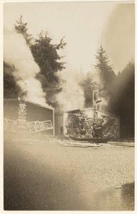 [Terwijl de felle vlammen hoger oplaaiden, schilderden ze karmozijnrood de zee die kabbelt aan de voet van een spookbos]. door Edward S. Curtis