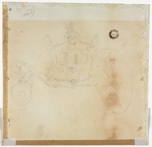 Studie voor Cabine en Voorlinker Wiel van de Koets en Studie voor Hoofd van Gekroonde Figuur Zittend op de Koets (verso) door Edward Tennyson Reed