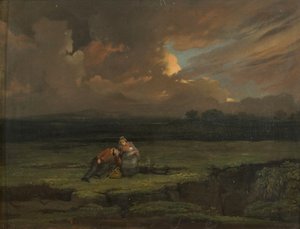 Een soldaat en zijn vrouw en kind in een stormachtig landschap