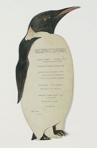 Menu in de vorm van een keizerspinguïn, voor het Midwinter