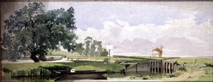Een rivierscène met een sluis, c.1860