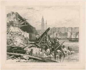 Sloop van een deel van de Oude London Bridge, maart 1832 door Edward William Cooke