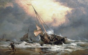 Vissers trekken hun boten aan wal aan de Noordzee, nabij Scheveningen door Edward William Cooke