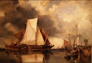Vissersboten aan de grond op de Schelde door Edward William Cooke