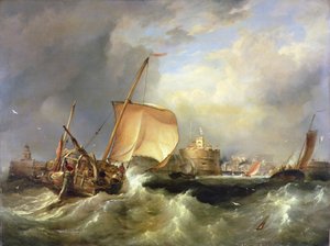 Franse haringboot vaart de haven van Havre de Grace binnen door Edward William Cooke