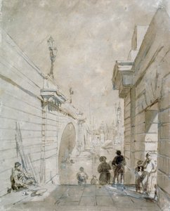 London Bridge kijkend naar het noorden vanaf de bovenste trap bij Tooley Street door Edward William Cooke