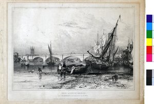 Nieuwe London Bridge vanaf Billingsgate (laag water) door Edward William Cooke