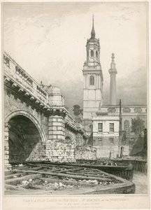 Deel van de Oude Londen Brug, St Magnus en het Monument door Edward William Cooke