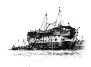 Gevangenisschip in de Haven van Portsmouth: Gevangenen Gaan Aan Boord, 1828 door Edward William Cooke