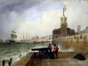 De semafoor toren bij de ingang van de haven van Portsmouth (Engeland), op het Salvation Platform, met twee soldaten die op de muur naast een kanon zitten, op de achtergrond, beschrijving van de stad en de pier met de ronde toren