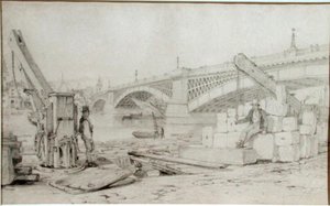 Uitzicht op Southwark Bridge en de rivier de Theems vanaf Bankside, met twee derricks op de voorgrond