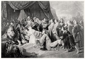 De Overgave van Calais, 4 augustus 1347, gegraveerd door John Young door Edward after Bird