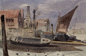 Battersea, de rivierbank met boten door Edward attr. to Bragg