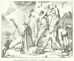 De marteldood van Stefanus, Handelingen, hoofdstuk vii, vers 59, 60 door Edward von Steinle