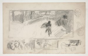 Diverse schetsen (recto); Schets van een man in een cape (verso) door Edwin Austin Abbey