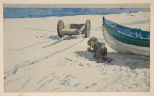 Strandscène met man rustend in de schaduw van een boot