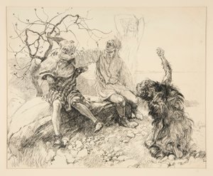 Caliban, Stephano en Trinculo (Ariel onzichtbaar), illustratie voor Act II, Scene ii, De Storm