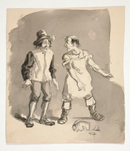 Cartoon van twee mannen en een gebroken pot door Edwin Austin Abbey
