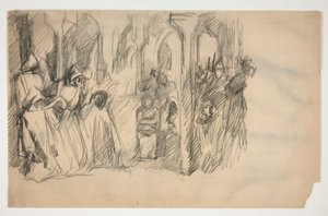 Compositiestudie voor de muurschilderingserie De zoektocht naar de Heilige Graal in de Boston Public Library door Edwin Austin Abbey