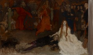 Compositorische studie, voor De toneelscène in Hamlet, Act III, Scene II door Edwin Austin Abbey