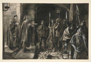 Dogberry en zijn metgezellen met een wacht - Act III, Scene III, Much Ado About Nothing door Edwin Austin Abbey