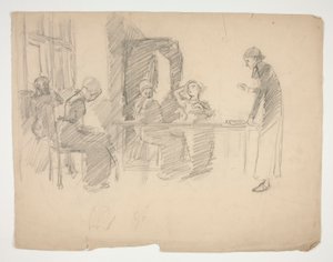 Vroege studie voor Stony Ground 1884, interieur met figuren