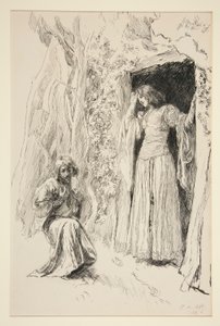 Ferdinand ontmoet Miranda, illustratie voor Act III, Scene i, De storm door Edwin Austin Abbey