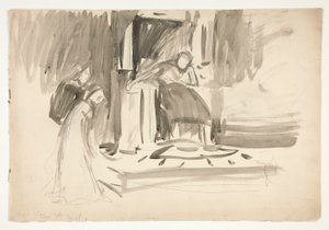Figuur op troon, geflankeerd door twee figuren, schets voor een niet-geïdentificeerd Shakespeare-stuk door Edwin Austin Abbey