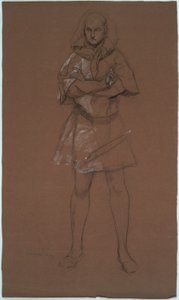 Figurenstudie. Man in middeleeuws kostuum. Mogelijk een studie voor door Edwin Austin Abbey