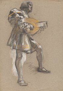 Figuur met mandoline in middeleeuws kostuum door Edwin Austin Abbey