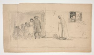 Groep figuren buiten stenen huis - ongeïdentificeerde illustratie