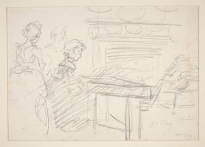 Interieur scène: vrouw aan piano en familie - niet-geïdentificeerde illustratie