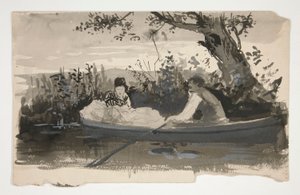 Man en vrouw in roeiboot, nabij rivier - niet-geïdentificeerde illustratie