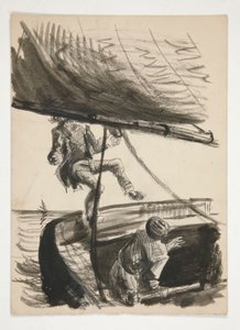 Man die overboord wordt geslagen door giek van zeilboot (recto); Onbekende illustratie van jongen die man schoenen poetst door Edwin Austin Abbey
