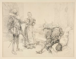 Maria, Sir Andrew en Toby, illustratie voor Act I, Scene iii, Driekoningenavond door Edwin Austin Abbey