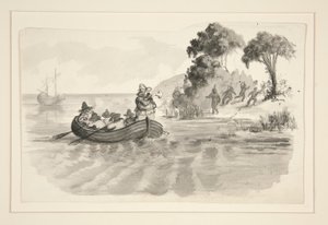 Mannen in roeiboot vluchten voor indianen aan de kust - niet-geïdentificeerde illustratie (Columbus ontdekt de Nieuwe Wereld?) - ontdekkingsreizigers landen in de Nieuwe Wereld