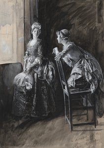 Miss Neville en Miss Hardcastle, illustratie voor Oliver Goldsmith door Edwin Austin Abbey