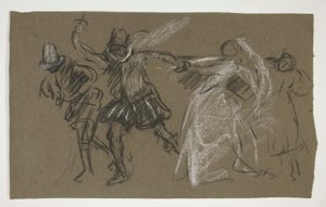 Petruchio trekt Katharina, uit Taming of the Shrew (recto); Schets van zittende figuur (verso) door Edwin Austin Abbey