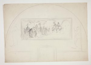 Plan voor de installatie van een van de muurschilderingen van De zoektocht naar de Heilige Graal in de Boston Public Library door Edwin Austin Abbey