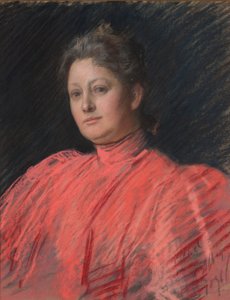 Portret van mevrouw Abbey in roze jurk, taille lengte door Edwin Austin Abbey