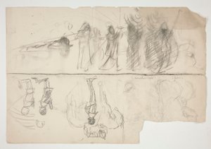 Blad met schetsen voor The Quest of the Holy Grail muurreeks in de Boston Public Library (recto); Ongeïdentificeerde schets (verso)