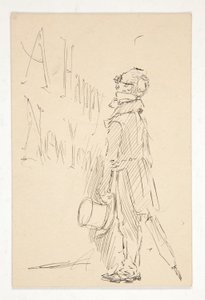 Schets voor een nieuwjaarskaart: Gelukkig Nieuwjaar; studie van een man die een bord leest door Edwin Austin Abbey