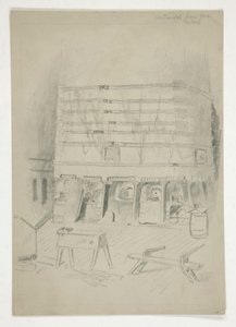 Schets van Continental Iron Works(?) [industriële binnenkant]