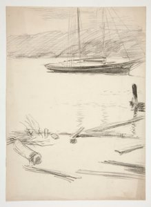 Schets van een dok en zeilboot door Edwin Austin Abbey