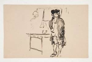 Schets van een man in revolutionaire kleding naast een tafel
